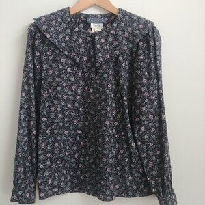 Vintage wool cotton blouse top made in Canada blue grey purple floral Sm…